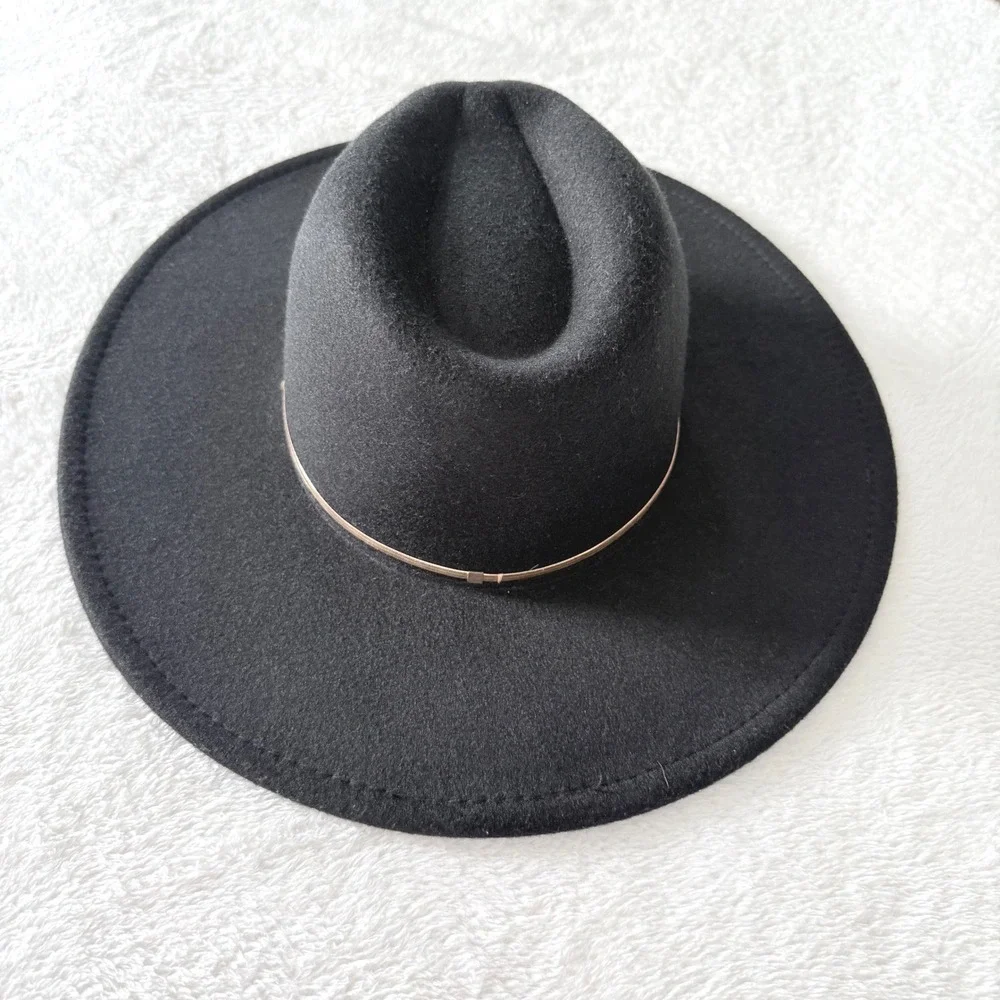 Windsor Black Wide Brim Fedora Hat Gold Metallic Band One Size NEW